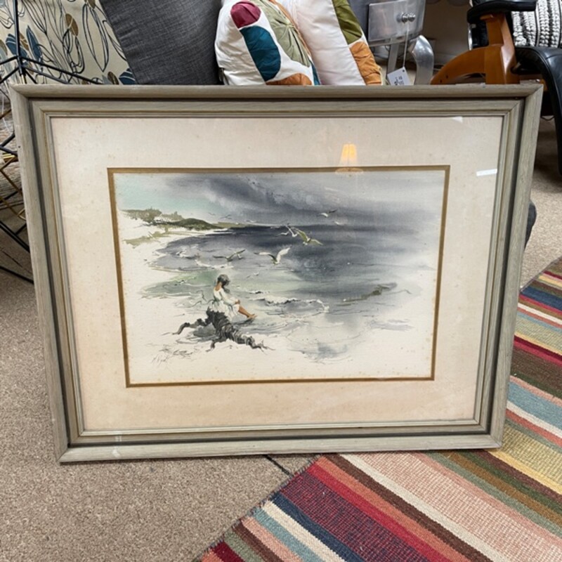 M. Wyatt Coastal Watercolor, Size: 32x25 (see image for condition issues)