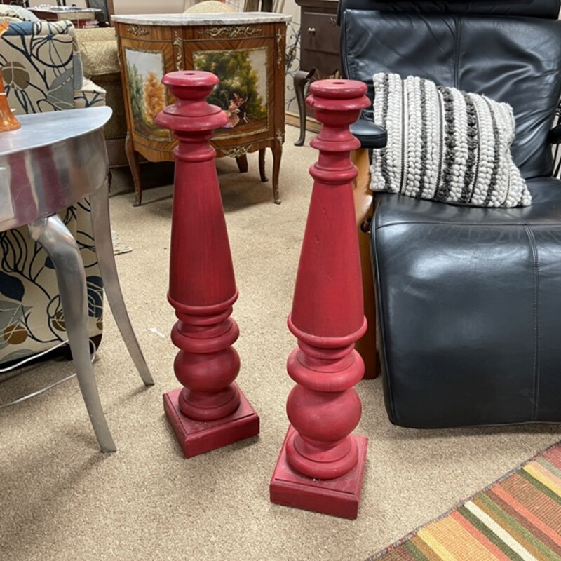 Red Wood Finial Candlesticks, Pair, Size: 32 Tall