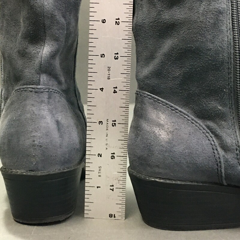 Kathy Van Zeeland, Slate Blue, Size: 7.5<br />
“Wind” distressed mid-calf vegan suede studded boots by Kathy Van Zeeland in size 7<br />
Very nice condition.<br />
Great for bigger calves as they stop mid-calf, inside 1/2 zipper pullon.<br />
Padded insole, textured outsole.<br />
Studded silver fleur de lis embellishment<br />
Measurements:<br />
Heel: approx. 1-1/2\"<br />
Shaft: approx. 12-1/2\"H<br />
Calf circumference: approx. 14\"<br />
Fabric upper; man-made balance<br />
<br />
1 lb 12 oz