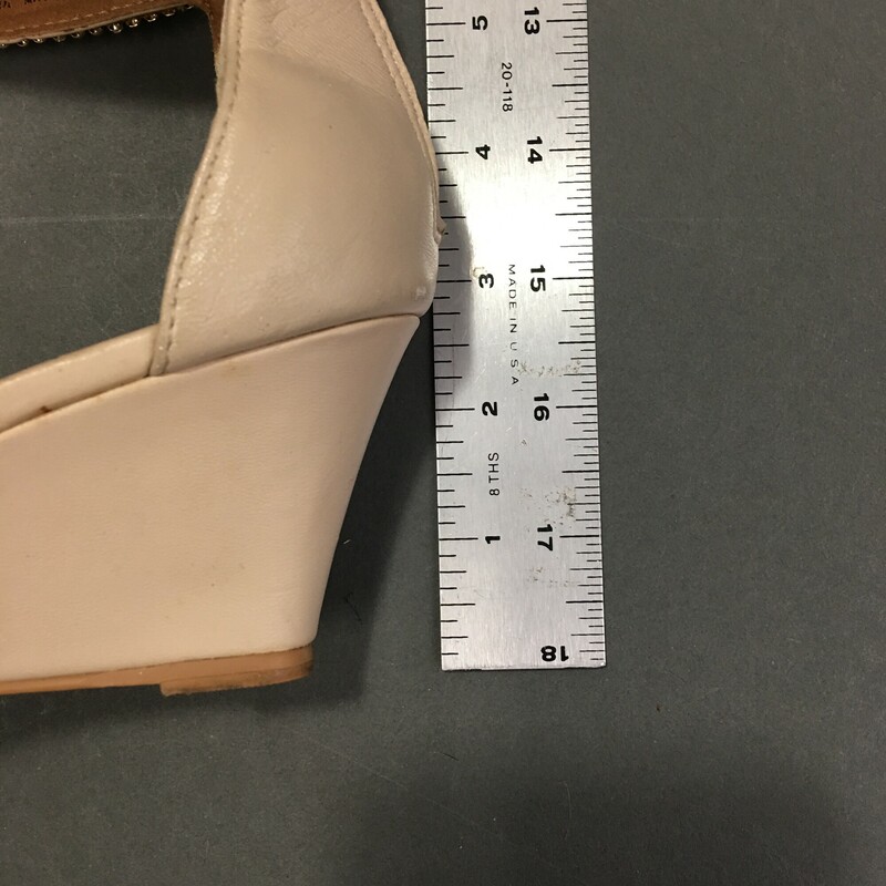 Kelsi Dagger, Beige, Size: 6.5<br />
Rhinestone cuff ankle strap with back heel zipper,<br />
approx 2.5\"  wedge heel.<br />
Leather upper, lanace man made. Made in China.<br />
Very clean barely showing wear, great condition.<br />
<br />
LUB<br />
EB<br />
<br />
1 lb .9 oz