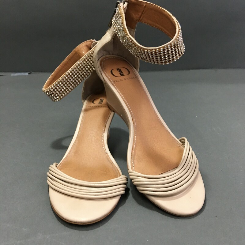 Kelsi Dagger, Beige, Size: 6.5
Rhinestone cuff ankle strap with back heel zipper,
approx 2.5\"  wedge heel.
Leather upper, lanace man made. Made in China.
Very clean barely showing wear, great condition.

LUB
EB

1 lb .9 oz