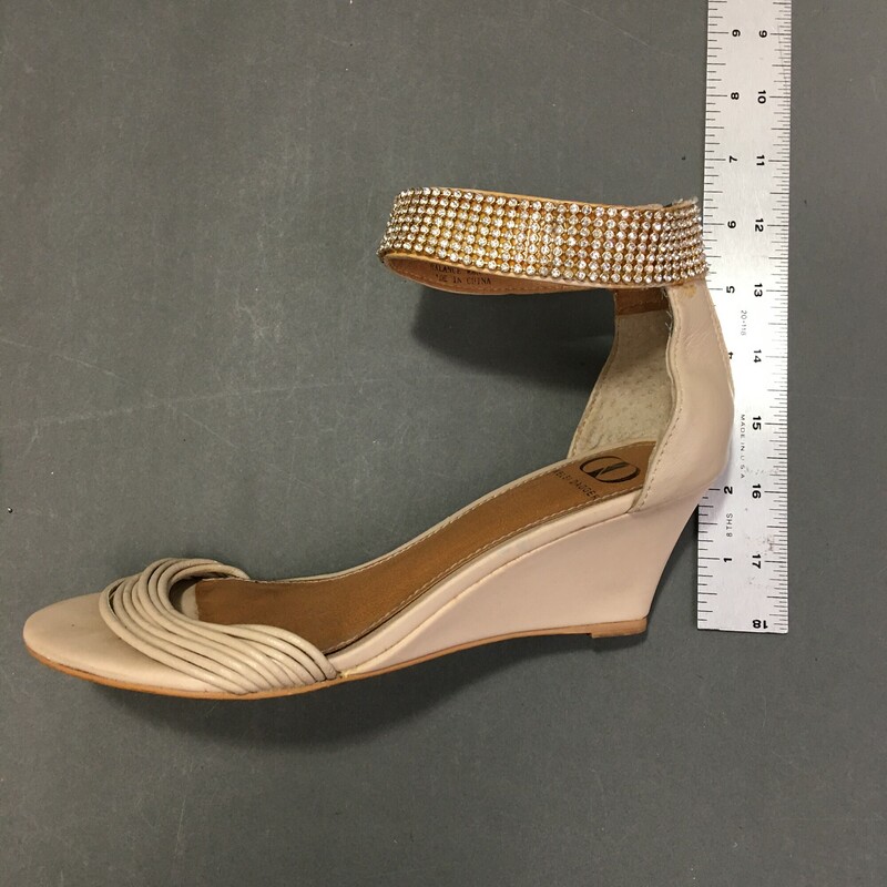 Kelsi Dagger, Beige, Size: 6.5
Rhinestone cuff ankle strap with back heel zipper,
approx 2.5\"  wedge heel.
Leather upper, lanace man made. Made in China.
Very clean barely showing wear, great condition.

LUB
EB

1 lb .9 oz