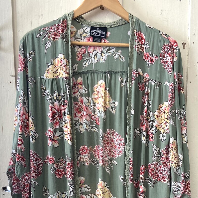 Grn/pnk Flral Long Kimono