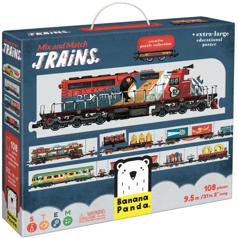 Mix And Match Trains

A creative puzzle collection for train enthusiasts aged 5-105. Create your own dream trains and embark on a wonderful adventure!

This educational puzzle set contains 108 pieces, including 56 double-sided ones, which allows you to look inside the locomotives, carriages and cargo containers. The pieces can be freely combined and rearranged for endless fun, and together create a 9.5m/ over 31ft long composition!

The extra-large educational poster depicts famous railway cars from around the world and interesting facts about trains, providing train fans of all ages with more information about the history of railways.