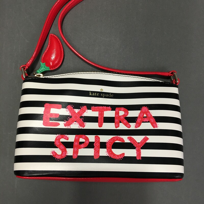 Kate Spade Extra Spicy, Crossbody bag, Black and white Stripe, Size: Small. Top zipper has cute patent leather chilli pepper attachment, dustbag included. Lightweight, Adjustable Strap, Cross-Body Strap, Lined, Pockets, Bag Charm, Inner Pockets<br />
<br />
<br />
10.9 oz