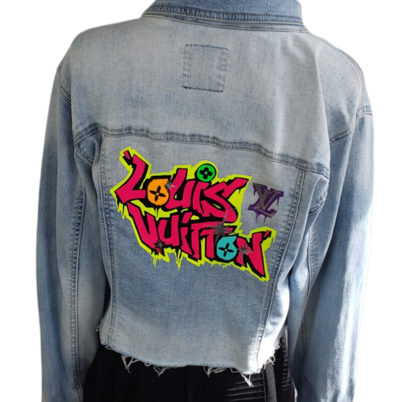 Deisgner Inspired<br />
<br />
LV Graphiti Patch,<br />
<br />
Blue, Size: L/XL<br />
<br />
Local Denver Artists. One of a kind Repurposed Jackets