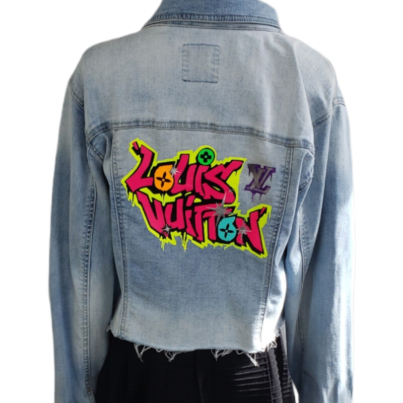 Deisgner Inspired<br />
<br />
LV Graphiti Patch,<br />
<br />
Blue, Size: L/XL<br />
<br />
Local Denver Artists. One of a kind Repurposed Jackets