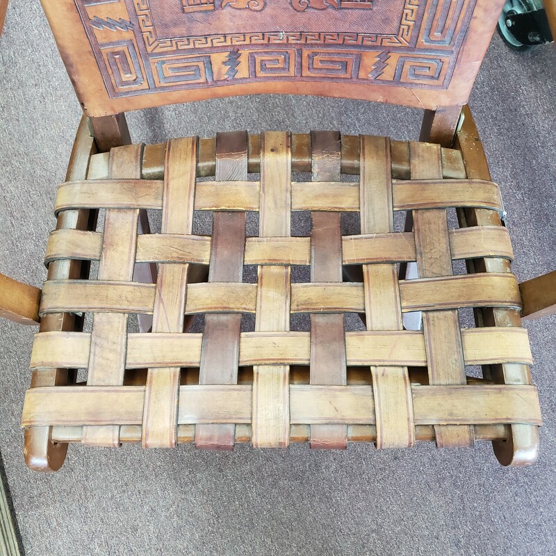 Peruvian Chair, Leather, Size: 1960s Aztec / Inca Hand Tooled Leather, Folding
