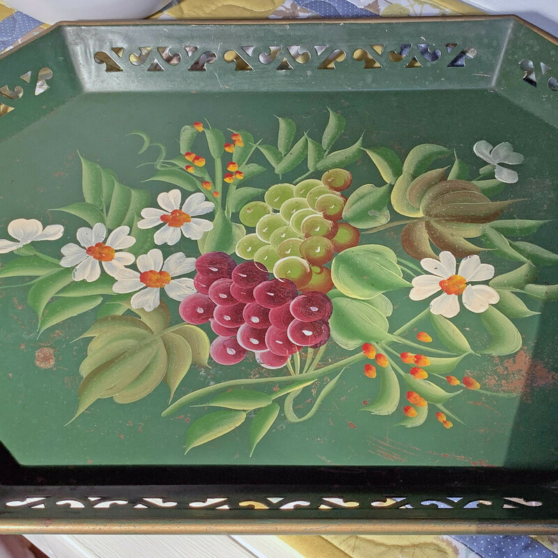 Vintage Green Floal Tole Tray - $15.50