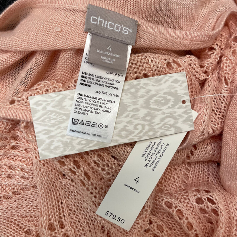 NEW Chicos Knit Top<br />
55% Linen, 45% Rayon<br />
Blush<br />
Size: 1X