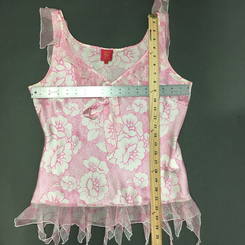 Anna Studio  Floral Silk, Pattern, Size: M / 12 Pretty pink dot and floral pattern on white silk camisole top - edges are jagged rolled silk chiffon, pullover tunic, sleeveless,  v neck

hand wash cold and line dry no bleach gentle
1.7 oz