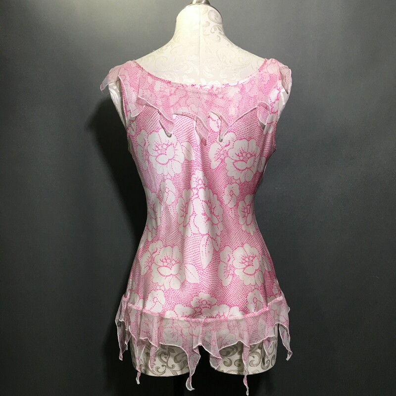 Anna Studio  Floral Silk, Pattern, Size: M / 12 Pretty pink dot and floral pattern on white silk camisole top - edges are jagged rolled silk chiffon, pullover tunic, sleeveless,  v neck<br />
<br />
hand wash cold and line dry no bleach gentle<br />
1.7 oz