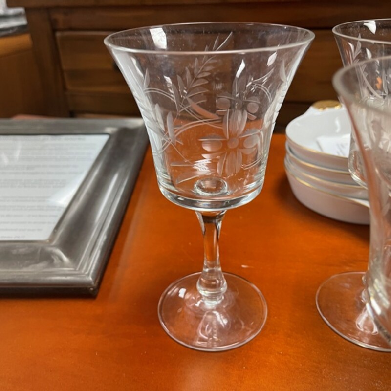 Etched Crystal Wine Glasses, Set/3