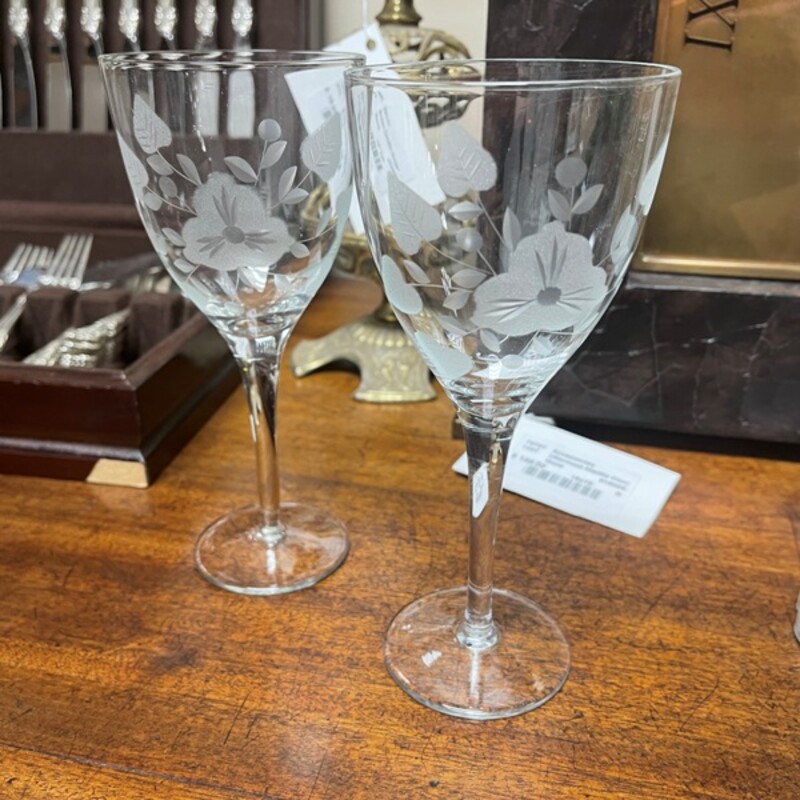 Etched Crystal Wine Glasses, Pair