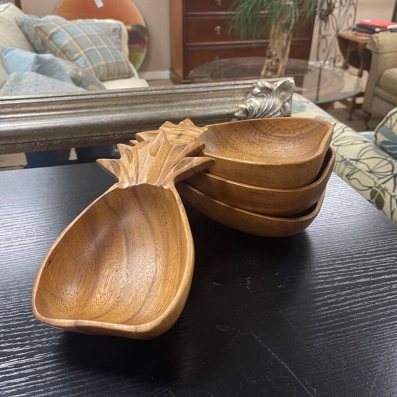 Vintage Wood Pineapple Bowls, Set/4, Size: 5x9x2