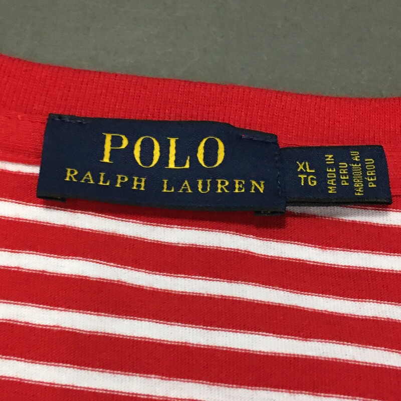 Polo Ralph Lauren, Stripe, Size: XL<br />
Ralph Lauren Polo Womens MediumRed/White Striped Short Sleeve Pima Cotton XL<br />
Made in Peru<br />
<br />
4.4 oz