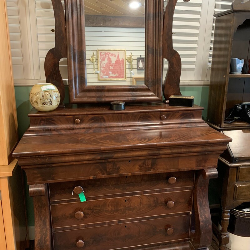 Gorgeus Antique Empire Bureau With Mirror

Very Good Condition (except for small veneer lifting on front-see pics)

47 Inches L x 23 Inch W x 43 Inch H (Height measurement is without mirror)