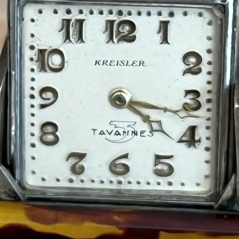 Tavannes Bag Shutter Watch, Sterling Silver & tortoise shell with arabic numerals c.1920-30s. Watch is a working Swiss Tavannes in an American  Kreisler NY case with original pouch. It works by squeezing both sides to release watch. Place to monogram untouched. A rare piece for any watch collector.