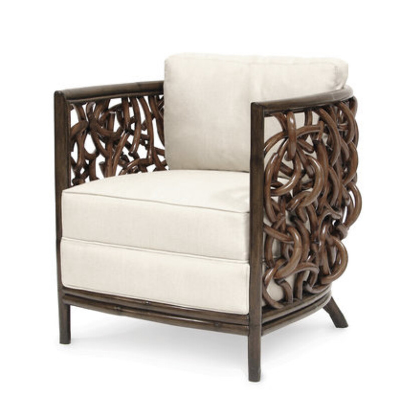 Palecek Auburn Lounge Chair -  Set Of 2 - Retails for $8,800.00

Hand-bent natural pole rattan frame, legs and graphic weave along sides and back in rich brown tones. Chair comes with a fixed upholstered seat and loose back cushion.

30 H X 31W X 32 D