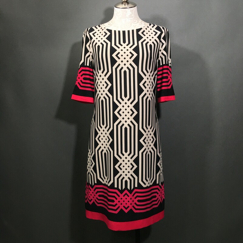 Eliza J White Black Pink, Pattern, Size: 6
Eliza J Chevron Shift Dress, zip back, Size 6 Colorful geometric print white black and pink. Sleeves and hemline are edged with a flat pink fabric in slightly different pink shade,   Polyester Blend,  Lined, Knee Length, 3/4 sleeves. Nice weight.
11.5 oz