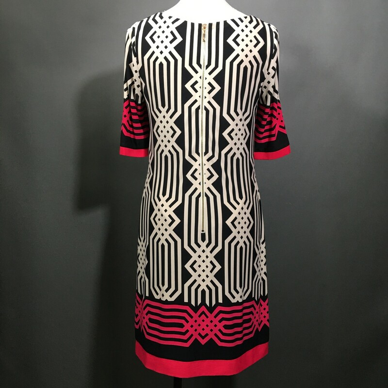 Eliza J White Black Pink, Pattern, Size: 6<br />
Eliza J Chevron Shift Dress, zip back, Size 6 Colorful geometric print white black and pink. Sleeves and hemline are edged with a flat pink fabric in slightly different pink shade,   Polyester Blend,  Lined, Knee Length, 3/4 sleeves. Nice weight.<br />
11.5 oz