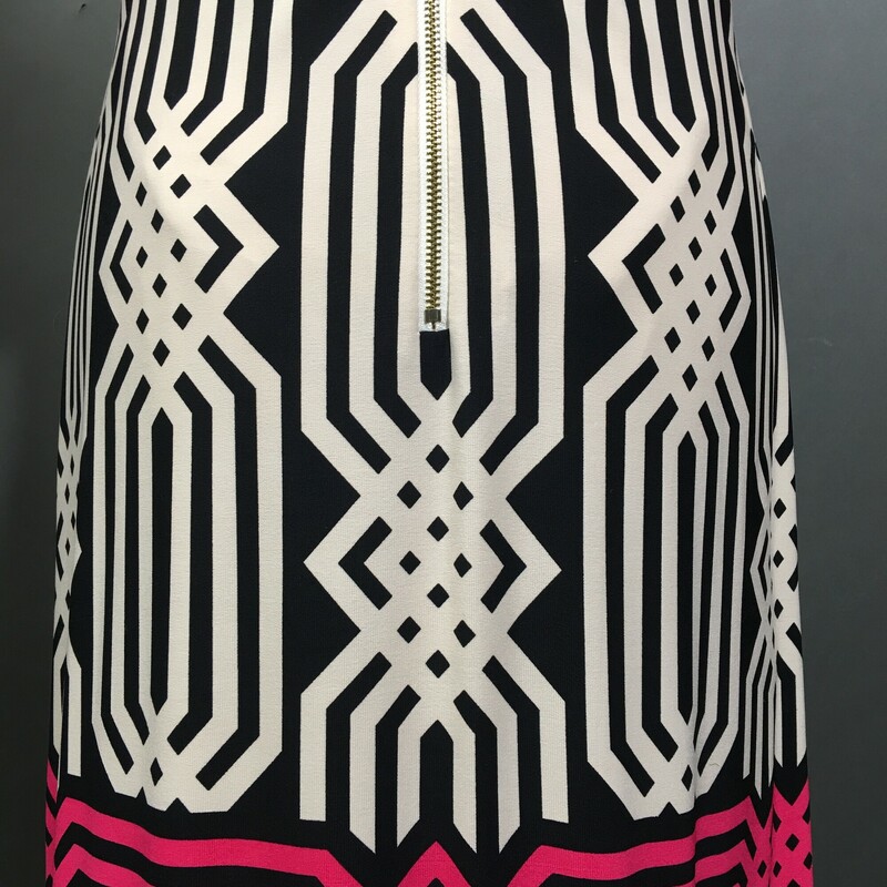 Eliza J White Black Pink, Pattern, Size: 6
Eliza J Chevron Shift Dress, zip back, Size 6 Colorful geometric print white black and pink. Sleeves and hemline are edged with a flat pink fabric in slightly different pink shade,   Polyester Blend,  Lined, Knee Length, 3/4 sleeves. Nice weight.
11.5 oz