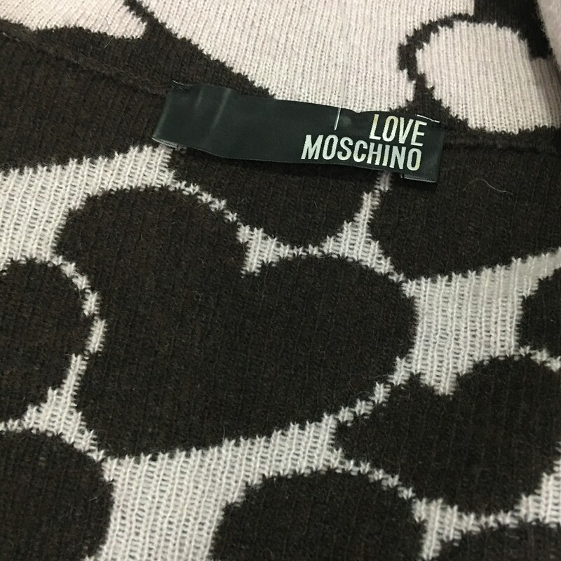 LOVE Moschino Knit, Pattern, Size: 6
Brown with pattern of pale dusty rose hearts. Long Sleeves, 3 buttons, 2 outside pockets, Falls at knees.
40% virgin wool, 29% viscose, 15% nylon, 10% cashmere, 7% angora,  dry clean only
1 lb 4.4 oz