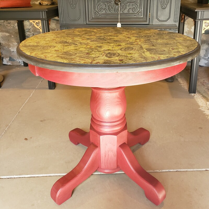 Decoupage end table with red wood base. Size: 24x22.5