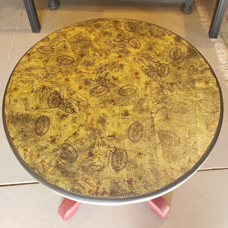 Decoupage end table with red wood base. Size: 24x22.5