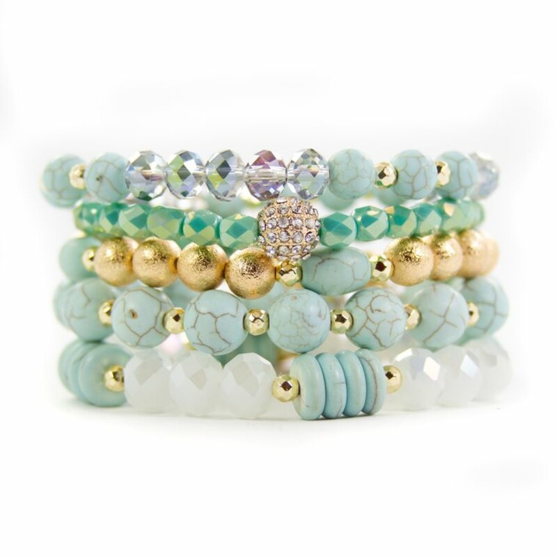 Savvy Bling Turquoise<br />
<br />
Our stack collections will come with 5 separate bracelets to create a unique stack. All bracelets are one size fits all. Each bracelet is made of the finest glass beads, hematite, and crystal beads to create longevity and a beautiful sparkle