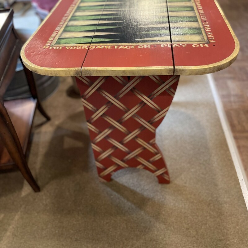 Flip Top Game Table
Size: 32 x24 x26
This is such a cute piece.  An extra seat converts to
a backgammon table with one easy flip!  Beautifully painted with cute cushion on the seat.  Excellent
condition.,