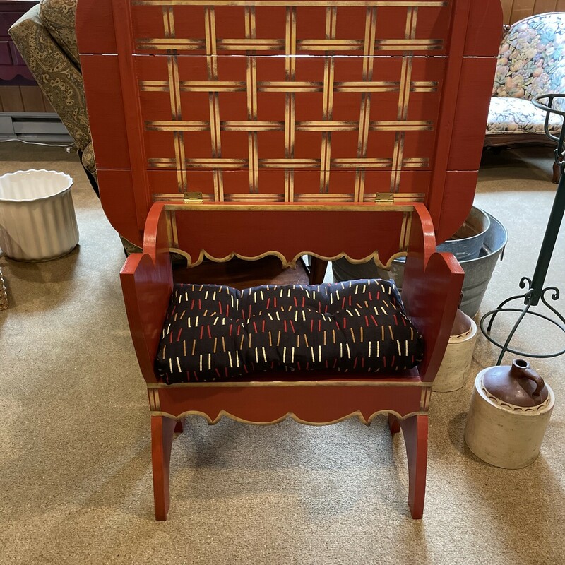 Flip Top Game Table
Size: 32 x24 x26
This is such a cute piece.  An extra seat converts to
a backgammon table with one easy flip!  Beautifully painted with cute cushion on the seat.  Excellent
condition.,