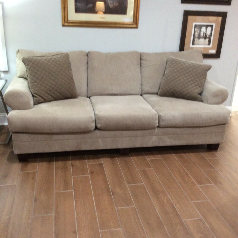 This comfy plush sofa is upholstered with a velvety, ribbed, corduroy like fabric in a neutral tone.