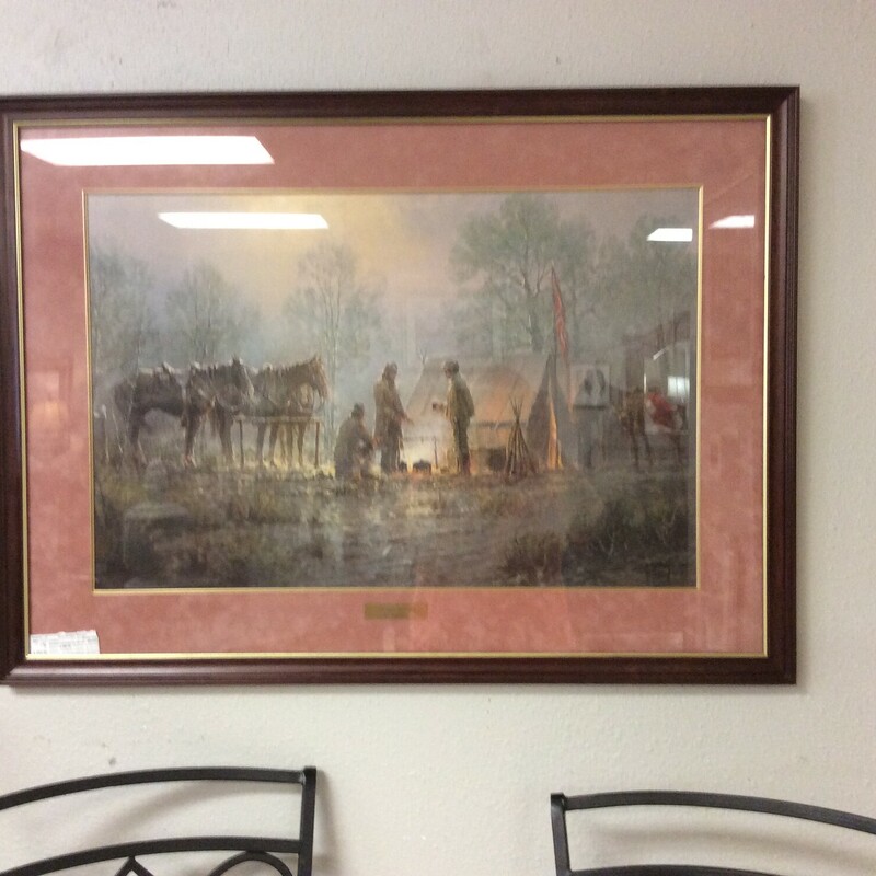 This is a G. Harvery painting of \"The Thoughts of Him\". This picture is of Cowboys sitting around the campfire with their horses. The picture has a mavue mat and mahogany frame.
