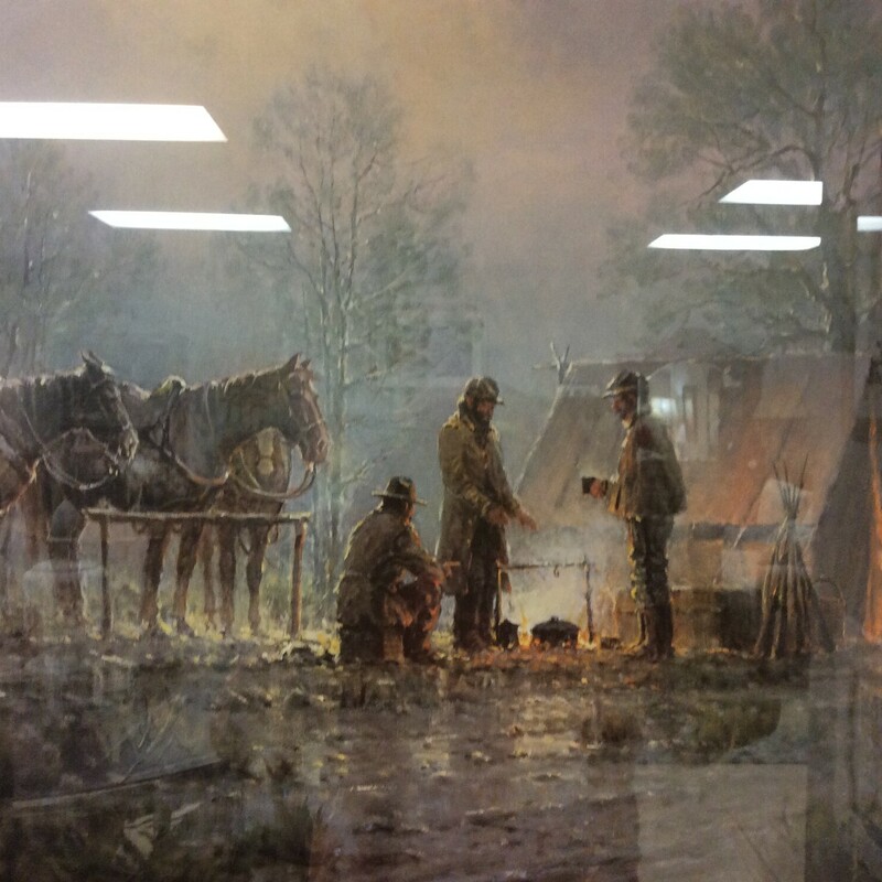 This is a G. Harvery painting of \"The Thoughts of Him\". This picture is of Cowboys sitting around the campfire with their horses. The picture has a mavue mat and mahogany frame.