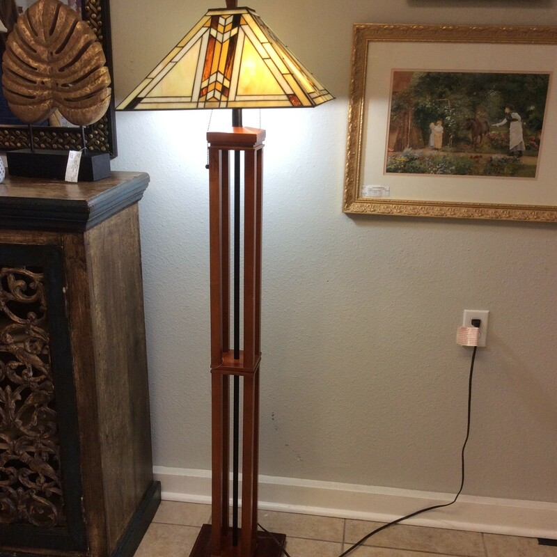 This is a beautiful Mission Style floor lamp. This floor lamp has Cherry wood stain legs and 2 lights.