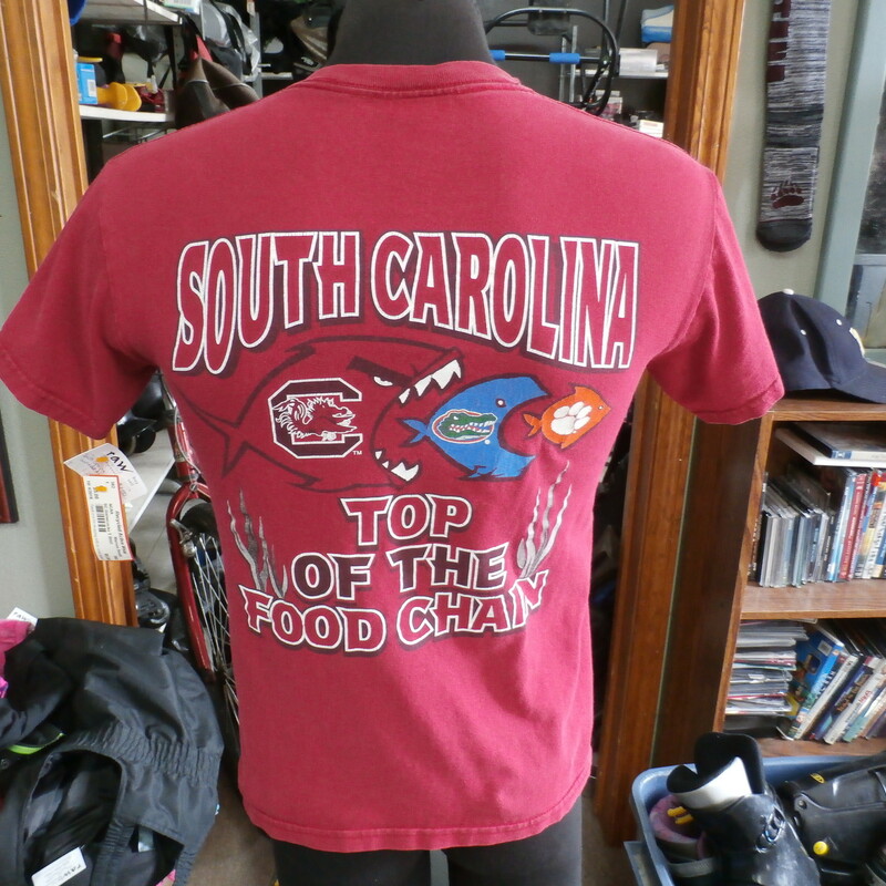 South Carolina Gamecocks red \"Feeding Time\" shirt men's small cotton #362
Rating: (see below) 4- Fair Condition
Team: SC Gamecocks
Player: n/a
Brand: Tri-Lake
Size: Men's Small- (Measured Flat: Across chest 17\"; Length 24\")
Measured Flat: underarm to underarm; top of shoulder to bottom hem
Color: red
Style: short sleeve; screen printed
Material: 100% cotton
Condition: 4- Fair Condition: faded and fuzzy from use and washing (see photos)
Item #: 362
Shipping: FREE
