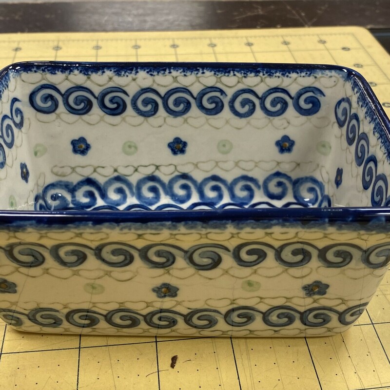 Polish Pottery Style Loaf Pan, Blue/Wht, Size: 4x6x3 In