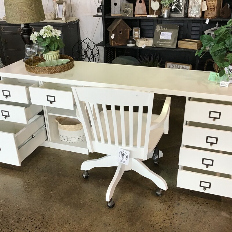 This modular desk system from Ballard Designs comes from the Original Home Office collection. It comes with an 82 inch table top (not secured to the cabinets - it just sits on top of them), 3 cabinets and a desk chair. The cabinets are all different and set up as follows:<br />
- 4 Small Drawers<br />
- 1 Small Drawer & Open Cabinet with 1 Shelf<br />
- 2 Small Drawers & 1 File Drawer<br />
This set is currently sold on the Ballard Design website. The tabletop does have 2 imperfections on it.<br />
<br />
Desk Dimensions - 82 in x 21 in x 28 in<br />
Chair Dimensions - 22 in x 24 in x 34 in