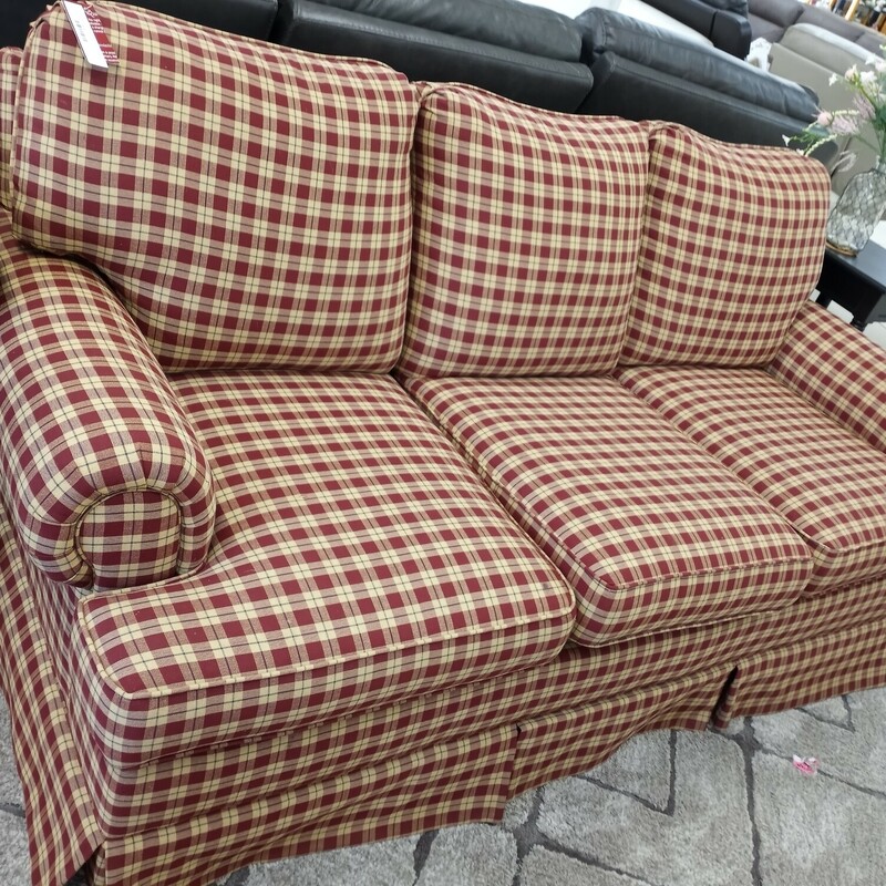 Red Check Sleep Sofa, Clayton Marcus decent brand see photos for damage one side of reversible cushion. NOT from a pet free home