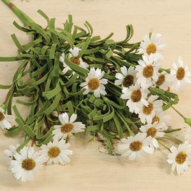 Mini White Daisy stem features small silk white daisy flowers and soft foam leaves on a bendable, wrapped stem.  Measures 18 inches high
