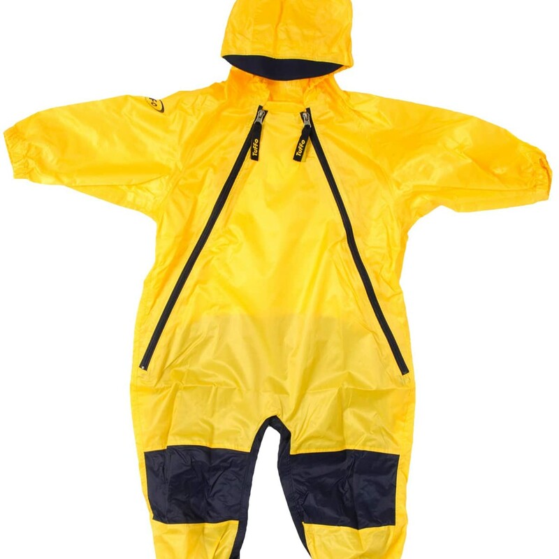 Rainsuit Yellow, 4t, Size: Rainwear

These unique waterproof coveralls by Tuffo offer toddlers full-body coverage and protection from the rain and elements. Features: Generous fit allows for layering of clothing and easy movement Dual front zippers for quick, on-the-go changes Reinforced with extra-heavyweight nylon for seat and knees Elasticized hood with brim to shed water