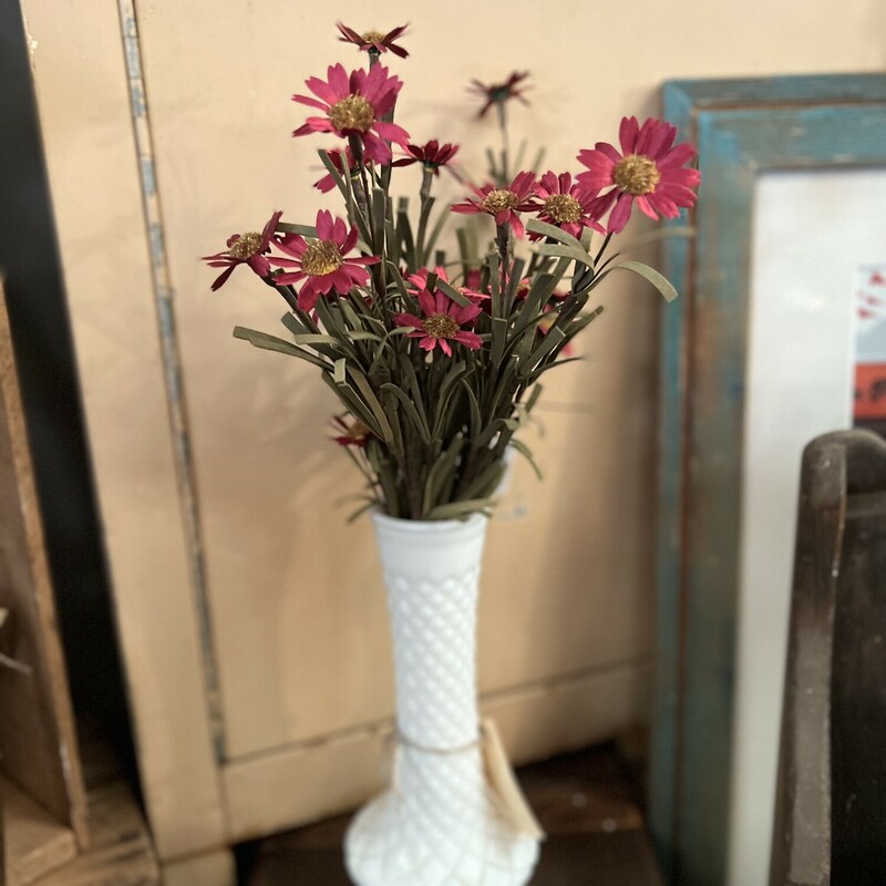 This beautiful floral has mini silk burgundy colored daisies and soft foam leaves on a brown floral stem and are beautiful to display any time of year.  Measures 18 inches high