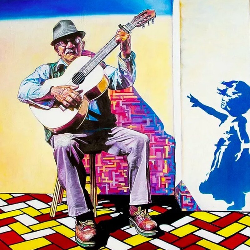 Guitar Wine Beat
Oil on Canvas
36 x 36 in
Jaimie Phillips

I was working with the musican Masego on this piece.  We were creating art for eachother in which case he created a beat for me.  The song starts off with classical guitar which is why I painted the old man on the classic guitar. With a slight smirk on his face the songs beat starts to get funky, and the rest of the piece flowed with the music.  Theres hints of young and old at play here in regards to time, with an ode to Banksy the street artist.  The song is on youtube, Guitar Wine Beat, to get the full effect.