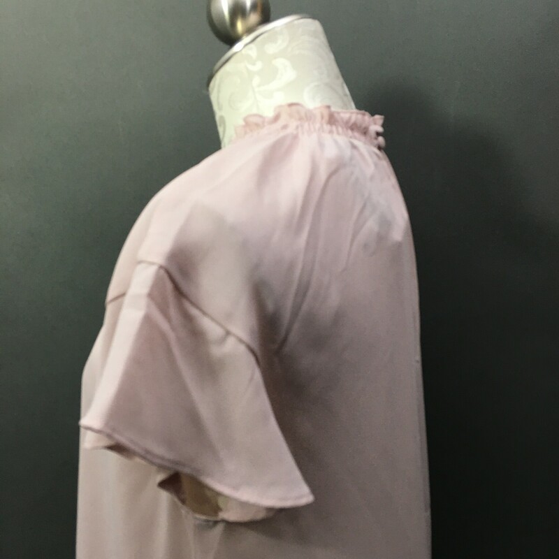 Express Sheer Cap Sleeve, Lt Pink, Size: M<br />
Runche high collar, and  2 covered button closure at nape of neck. Elastic neckline allows pullover dressing. Cap sleeves have a soft  flutter.<br />
New with Tag<br />
3.7 oz