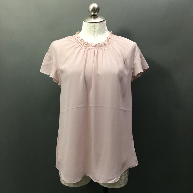 Express Sheer Cap Sleeve, Lt Pink, Size: M
Runche high collar, and  2 covered button closure at nape of neck. Elastic neckline allows pullover dressing. Cap sleeves have a soft  flutter.
New with Tag
3.7 oz