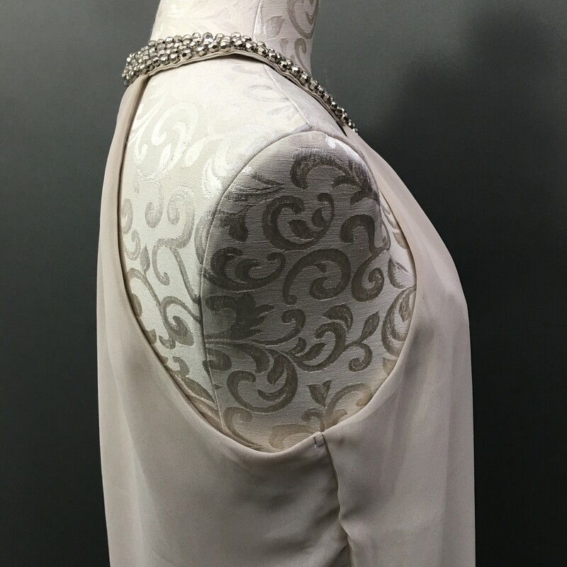 Express Sheer Halter, Beige, Size: Large<br />
Sheer lined halter, elastic drrop waist, neckline has four rows of silver beads. 2 hook and eye closure at back of neck.  Nice condition.<br />
5 oz