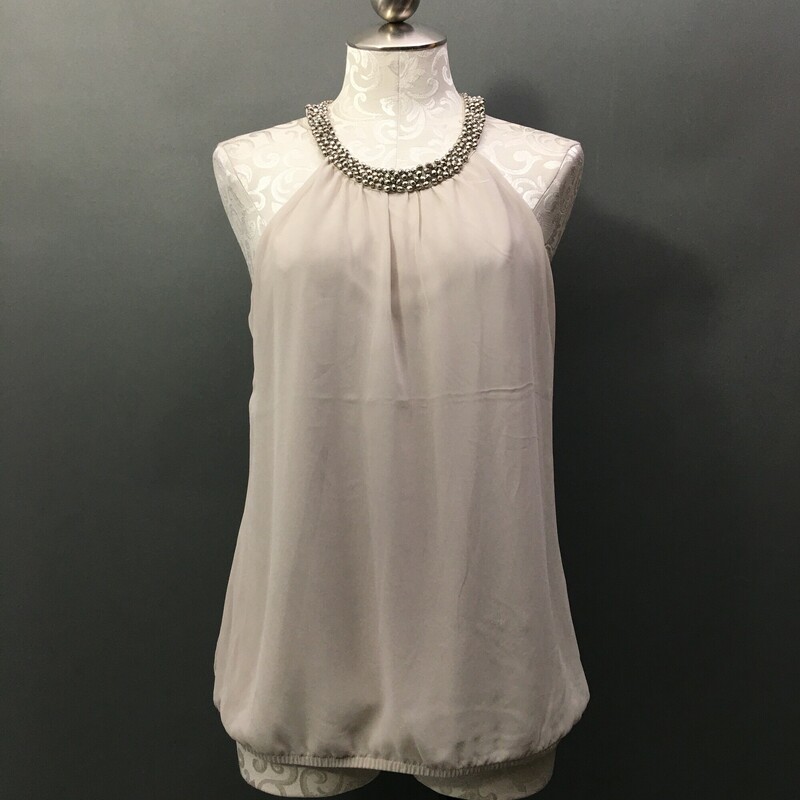 Express Sheer Halter, Beige, Size: Large
Sheer lined halter, elastic drrop waist, neckline has four rows of silver beads. 2 hook and eye closure at back of neck.  Nice condition.
5 oz