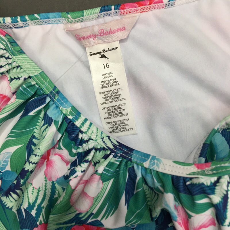 Tommy Bahama 1-piece, Floral, Girls Size: 16
100% Polyester
Pull On closure; Hand Wash Only
This one-piece swimsuit bathing suit from Tommy Bahama is perfect for the pool, the beach, or a day in the sun. Fully  Lined and UPF 50
Ruffle on top
Weave type: Knit  VERY SOFT MATERIAL
Very good condition
5.4 oz