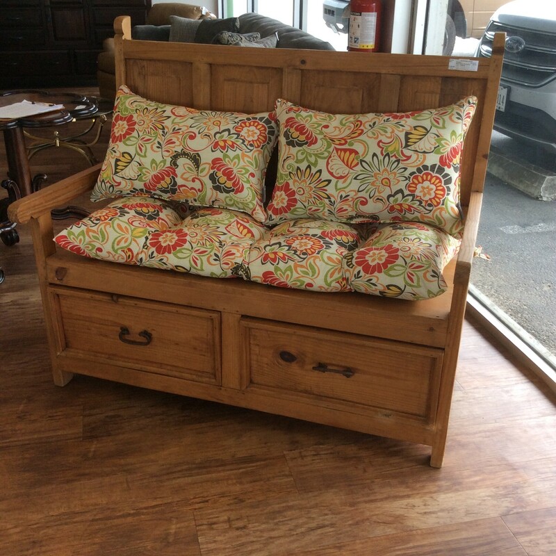 This cute little rustic bench has two under seat draws for storage and a raised panel back.